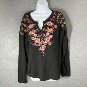 Savanna Jane Embroidered Floral Long Sleeve Top Blouse Bohemian Black‎ M